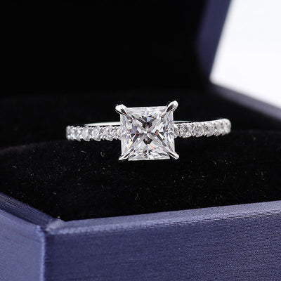Elegant Gold Princess Cut Moissanite Ring – 2.10 CT Hidden Halo & Channel Band – Ultimate Engagement Luxury