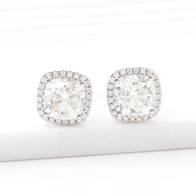Unique White Gold Halo Earring with 1.5CT Cushion Cut Moissanite Diamond and Sparkling Halo - VVS Clarity, Color DEF - Luxurious and Sophisticated Jewelry for Women