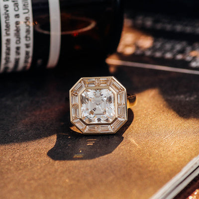 Elegant 4.5 CT Asscher Moissanite Gold Ring with Vintage Halo – Perfect Engagement Ring or Luxury Gift