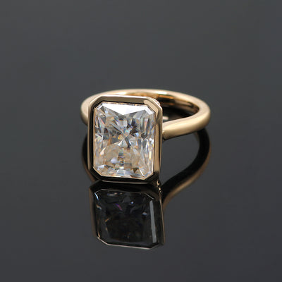 Luxurious Gold Moissanite Ring - 4 Carat Radiant Cut Centerpiece, Hidden Halo, and Timeless Cathedral Design