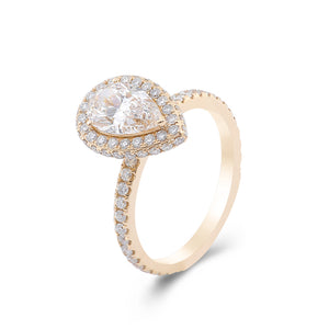 moissanite lab created diamond 3 D pear cut - Gold eternity double halo engagement ring