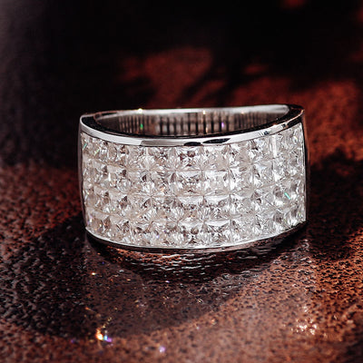 Extravaganza Iced Out White Gold Men's Wedding Band - 44 Princess Cut Moissanite Diamonds - 19.2 CT - Luxury Jewelry