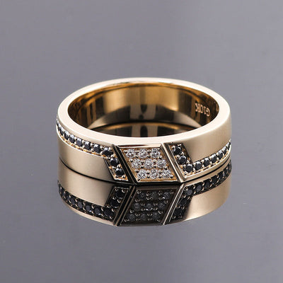 Luxurious Gold Plated Men's Ring with 22 Black Moissanite Diamonds and 9 White Lab-Created Moissanite Diamonds