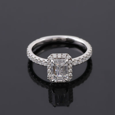 Elegant Emerald Cut Lab-Created Moissanite Diamond Halo Ring - White Gold Luxury Piece for the Sophisticated Woman
