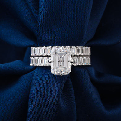  Timeless Luxury White Gold 3Ct Emerald Moissanite Lab Created Diamond Hidden Halo Semi Eternity Bridal Set
