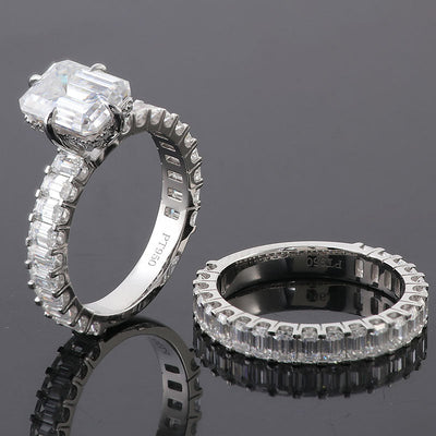 Luxurious 3 CT Emerald Cut Platinum Bridal Set - Unique Hidden Halo Design - Perfect for Celebrating Your Eternal Love