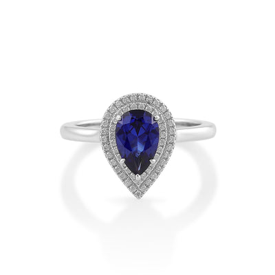 Luxurious 3D Blue Pear Moissanite Double Halo Ring with 1.5CT Lab-Created Diamond