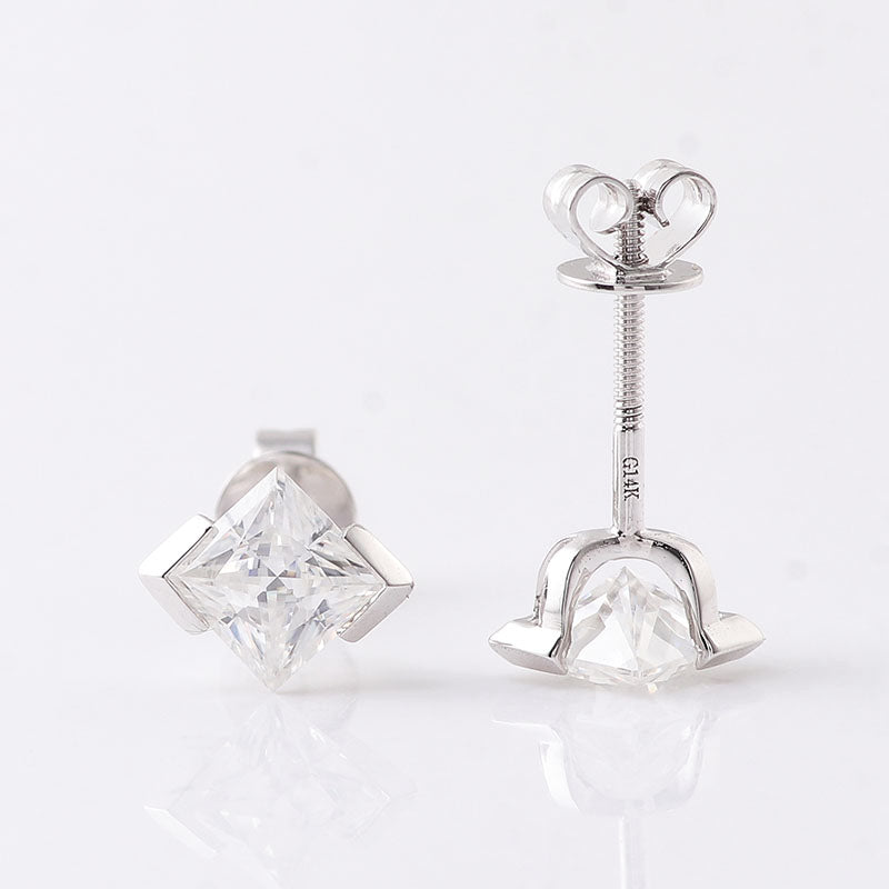 white gold moissanite diamond stud earrings - unisex moissanite earrings - men's moissanite princess cut earrings stud