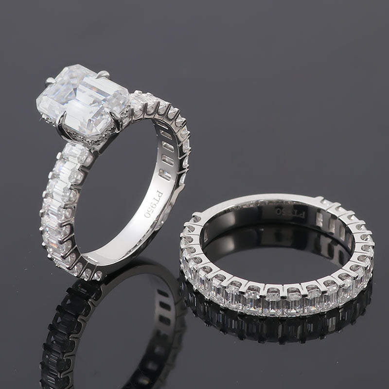 emerald cut moissanite lab created diamond platinum white gold engagement ring set - platinum bridal set