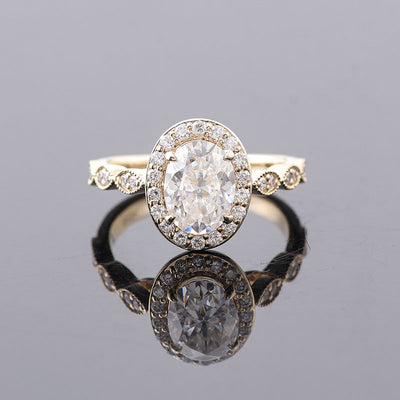 Sumptuous Yellow Gold Halo Ring | 1.5 CT Oval Moissanite | Vintage Style Jewelry