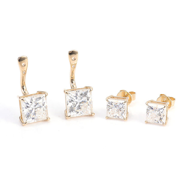 Elegant 2-in-1 Yellow Gold Drop Earrings featuring 1.5Ct Moissanite Diamonds and 0.8Ct Princess Cut Studs with Brilliant Sparkle, VVS Clarity, and DEF Color - Unmatched Versatility for Modern Women Seeking Luxury and Style