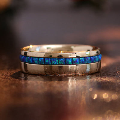 Men's Gold Ring with All-Around Blue Opal Princess Cut Row