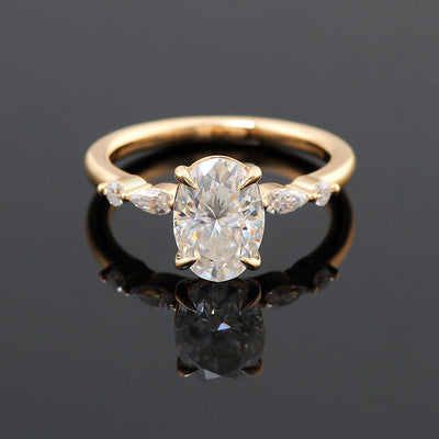 Sublime Yellow Gold Sidestones Ring - Oval Moissanite Lab Diamonds - VVS Clarity - DEF Color