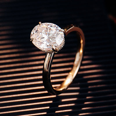 Sumptuous Yellow Gold Hidden Halo Ring with 3 CT Oval Moissanite | VVS Clarity | DEF Color