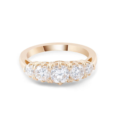 Yellow Gold Five Stone Ring with Cushion Moissanite Diamonds, VVS Clarity, DEF Color | Celebrate 5 Years of Love