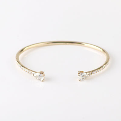 Sumptuous Yellow Gold Open Bangle Bracelet with 1CT Pear Moissanite Lab Diamonds, VVS Clarity, DEF Color, and Sparkling Channel-Set 