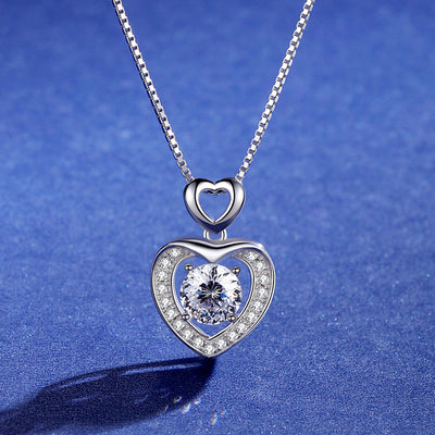 Sterling Silver 1 CT Round Moissanite Lab Diamond Pave Heart Necklace