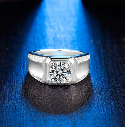 Elegant Men's Silver Ring with 1 CT Moissanite Diamond and 32 Pave-Set Stones