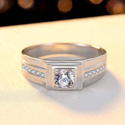 Men's Silver Ring with 0.5 CT Round Moissanite Diamond and Pave on Each Side, Crafted from 925 Silver Sterling