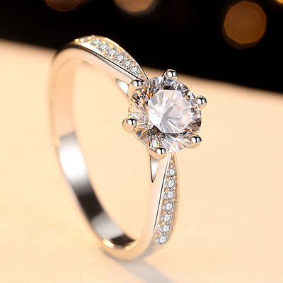 2 CT Round-Cut Moissanite Diamond Ring with Delicate Diamond Accents and Six Prongs in White Gold Plating