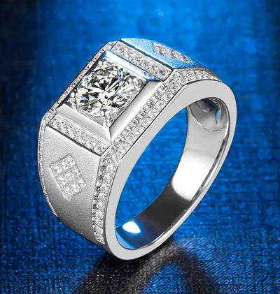 Men's Silver Ring with 1 CT Moissanite Diamond in 925 Sterling Silver & White Gold Plating