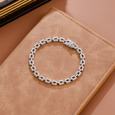 Square-shaped Cuban bracelet with Moissanite diamonds and white gold plating, crafted with 925 sterling silver.