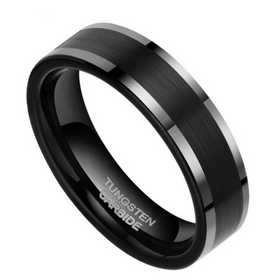 Stylish and Durable Black Tungsten Carbide Men's Ring with Reflective Shiny Lines - 6mm Width